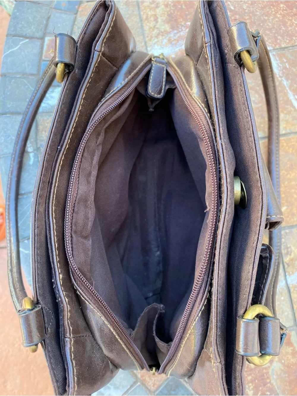 Rosetti Dark Brown Leather Shoulder Bag with Front Flap Pockets